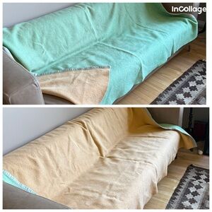 Vintage Horn Bros Woollens Lindsay 100% Wool Green Yellow Blanket  66 x 80"